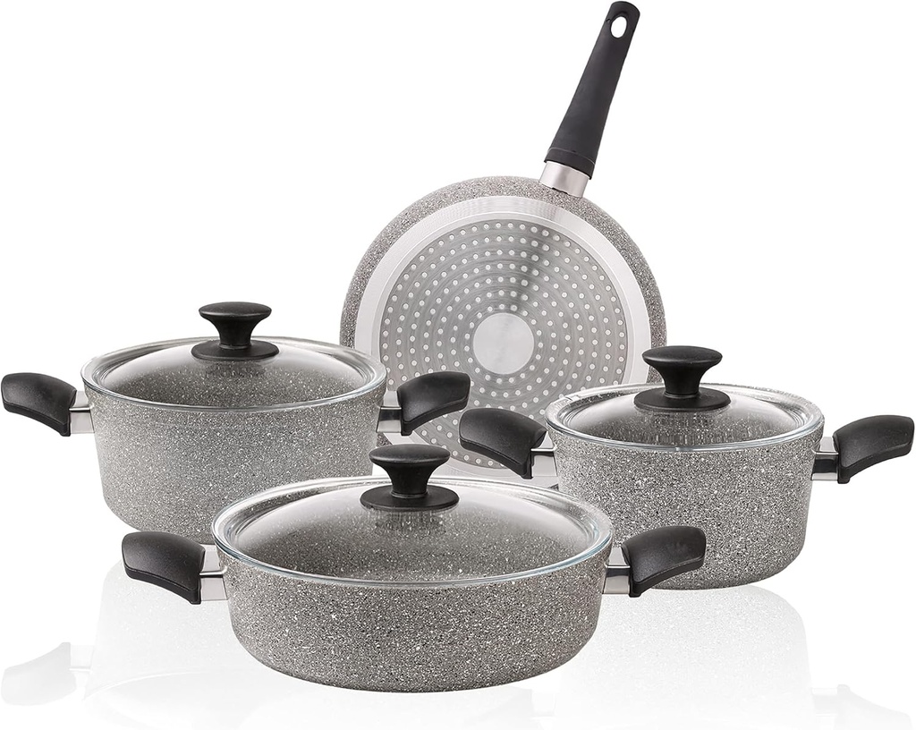 7-Piece Karaca Biogranit Cookware Set in Gray with Non-Stick Coating and Glass Lids - Dishwasher-Safe Granite Pot and Pan Set