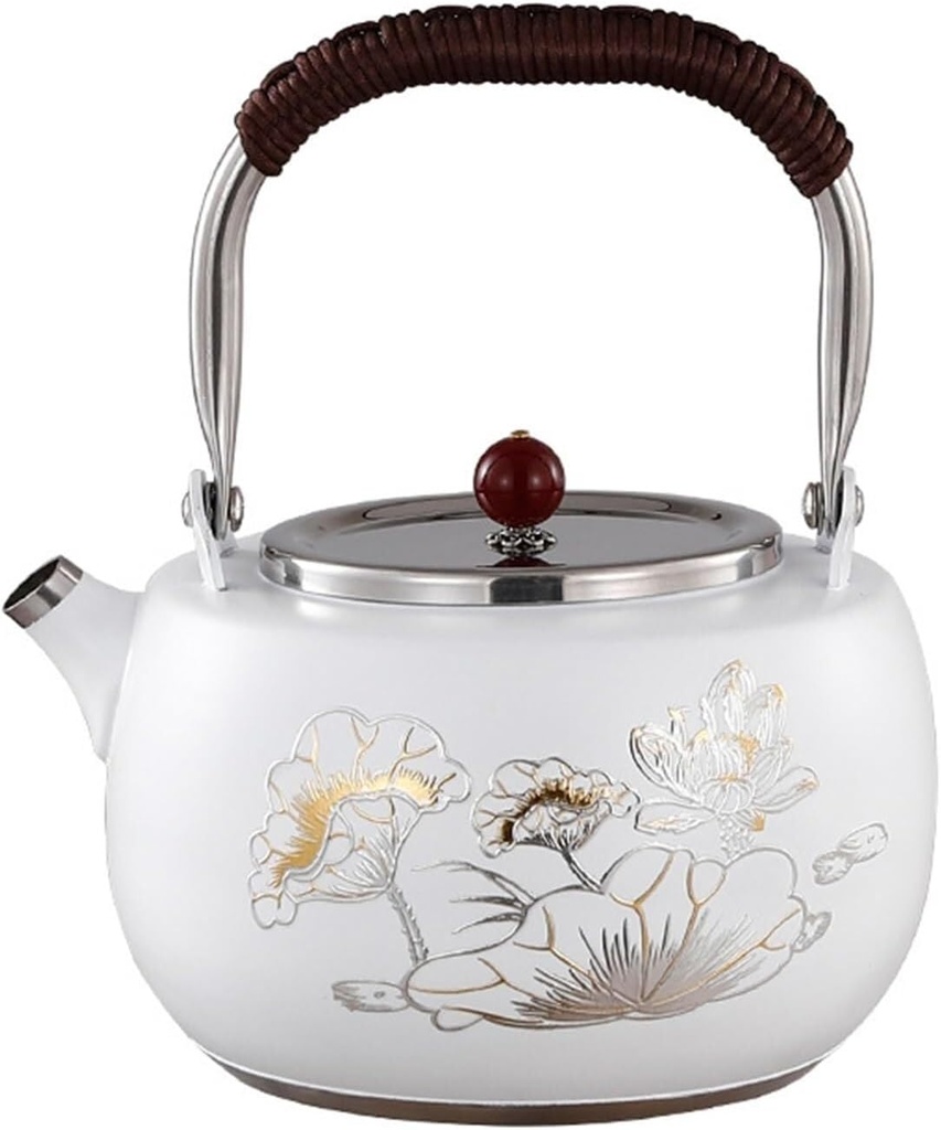 Stylish 1.3 Quart Stainless Steel Tea Kettle with Bird and Cloud Flower Design - Suitable for Gas, Induction, and Electric Stoves - White Color