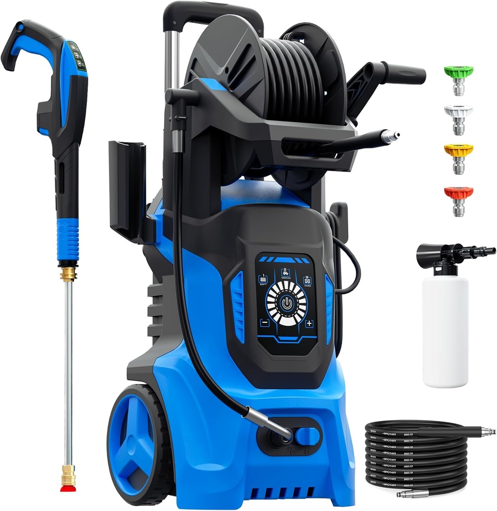 Portable Electric Pressure Washer 4500 PSI Max 3.2 GPM with Remote Control, Adjustable Pressure, 4 Nozzles, 500ml Foam Cannon - Ideal for Cars, Patios, and Floor Cleaning