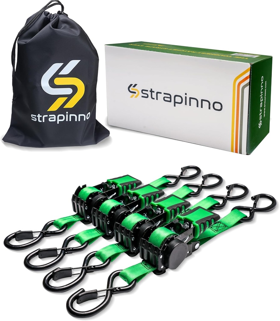 4pcs Retractable Ratchet Straps Bundle - 1in x 6ft Tie Downs with Rubber Coated Steel Handle, S Hooks, 1500 lbs Strength - Green Strap, Black Coated