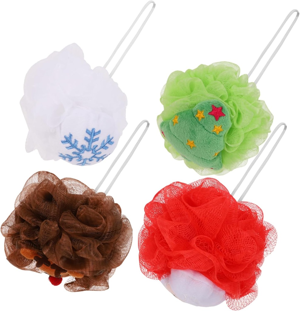 Set of 4 Christmas Bath Loofah Sponges with Santa Claus, Xmas Tree, Reindeer, and Snowflake Designs - Exfoliating Mesh Pouf Body Scrubber for Festive Holiday Shower