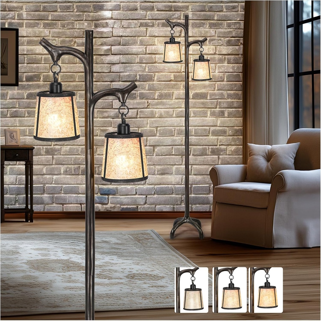 68" Farmhouse Floor Lamp with Mica Shade - Modern Industrial Vintage Standing Lamp for Living Room, Bedroom, and Office - Stepless Dimmable Rustic Tree Trunk Design - Includes Bulb