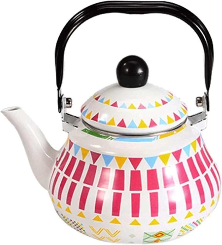 Enameled Coffee Pot with Colorful Geometric Patterns - Stylish Pear-Shaped Tea Kettle for Stovetop Use (White, 1.5L)