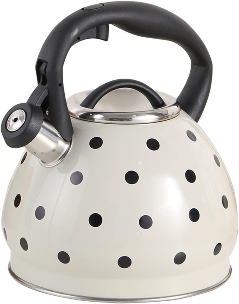Stainless Steel Polka Dot Tea Kettle with Whistling Spout and Cool Grip Handle - White, 3L