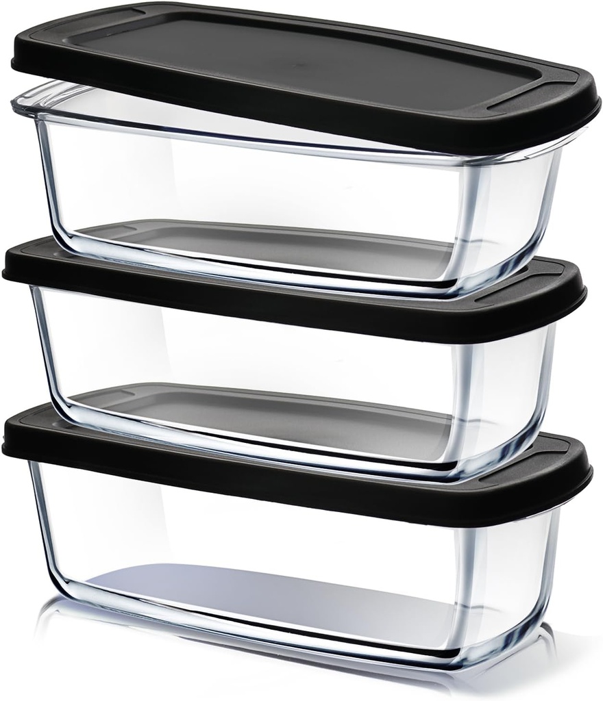 Set of 3 EATEX Glass Bread Loaf Pans with Airtight Lids - Deep 1.9 Qt Glass Food Storage Containers for Homemade Baking
