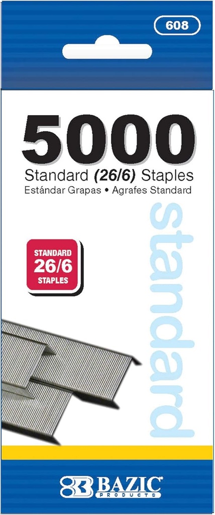 BAZIC Staples Standard Size (26/6) 5000 Count Pack - Silver Color, 1-Pack, Stapler Refill Staples