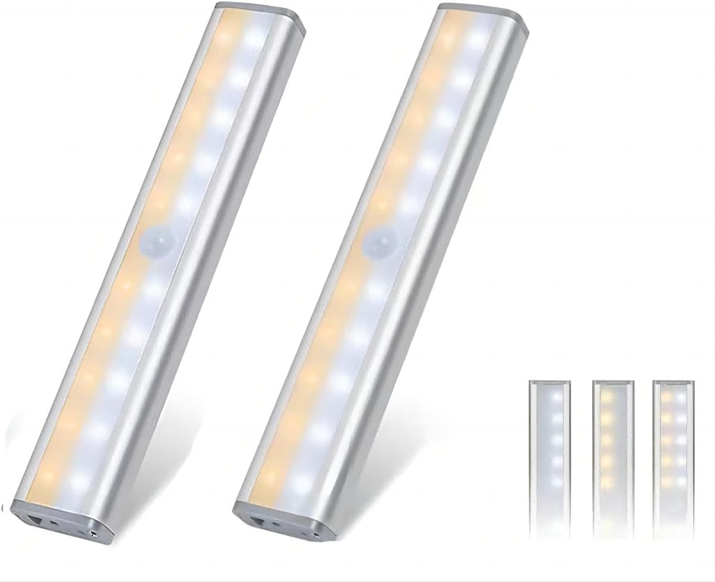 Motion Sensor Under Cabinet LED Light Bar, Stick-on Magnetic Strip Lights for Kitchen, Wardrobe, Stairs - USB/Battery Operated (2 Pack)