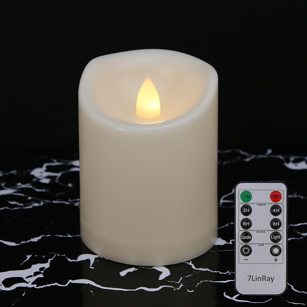 Waterproof Outdoor Indoor Battery Operated LED Pillar Candles with Remote, Timers, and Flickering Flame - Set of 7 Ivory Plastic 3" x 4" Candles for Home/Wedding Decor