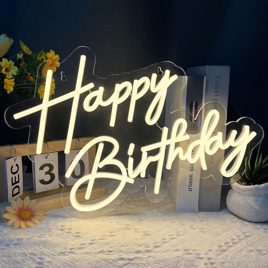 Happy Birthday Neon Sign for Wall Decor - Warm White LED Light - Art Decoration for Birthday Parties - 17x12 Inch - Includes 2 Pcs Pasters