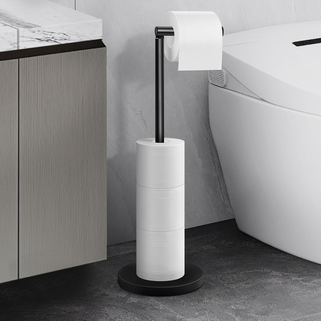 Matte Black Free-Standing Toilet Paper Holder Stand with Weighted Base - Stainless Steel Bathroom Storage for Toilet Paper Rolls, Non-Slip