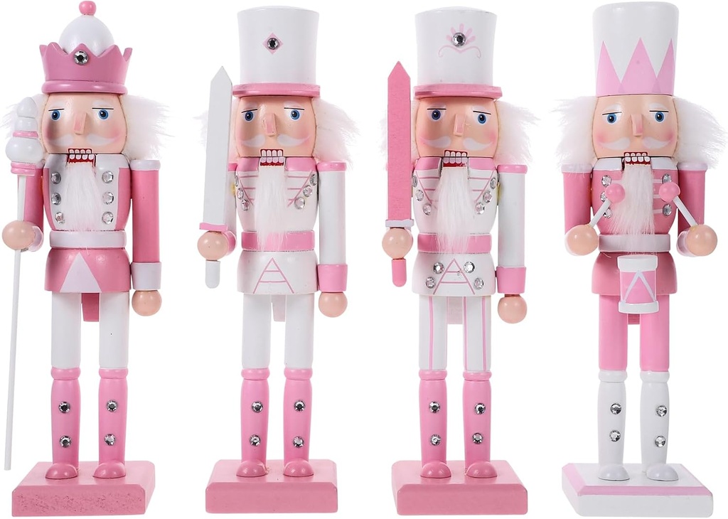Set of 4 Pink Wooden Nutcracker Soldier Figurines for Christmas Decor - 9.5 Inch Nutcracker Ornaments for Tables, Shelves, Party, Outdoor Xmas Festival