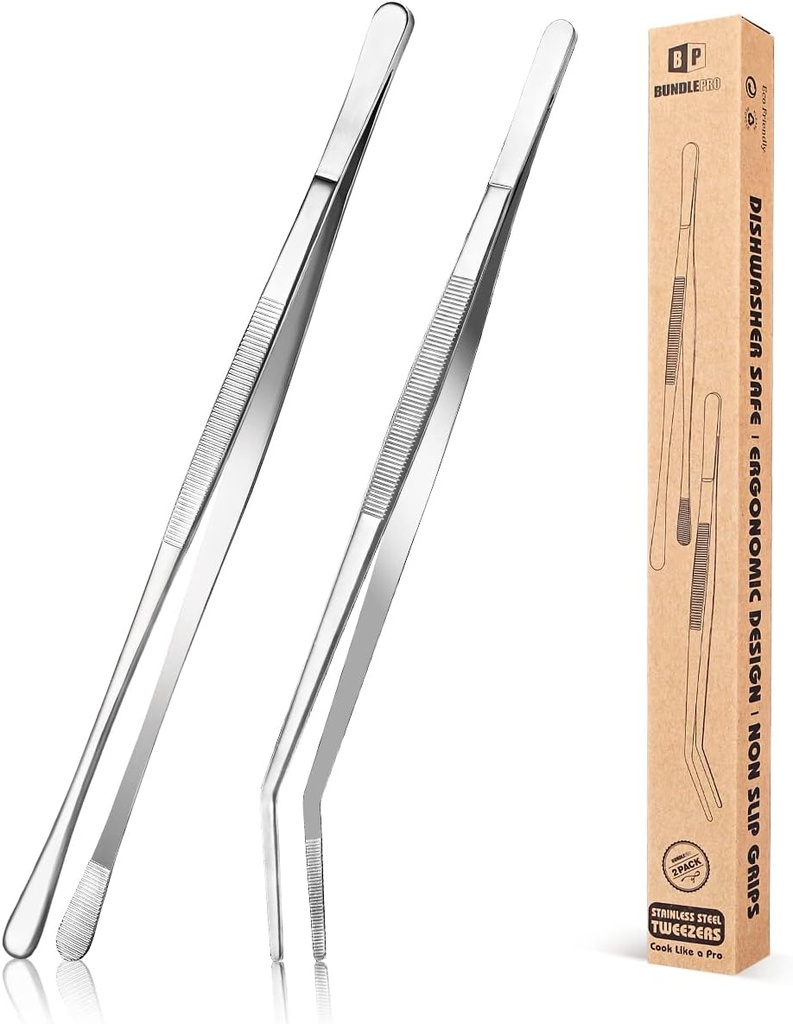 Set of 2 Professional 12'' Stainless Steel Fine Tweezer Tongs for Cooking, Repairing, Seafood, and BBQ - Silver