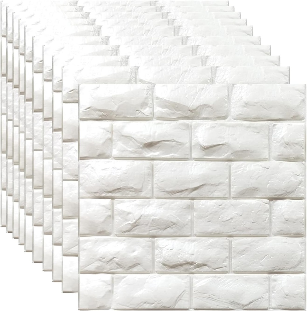 White Foam Brick Wallpaper 3D Wall Panels - Peel and Stick Self-Adhesive Faux Stone Panel for Bedroom - 30PCS (29 Sq Ft)