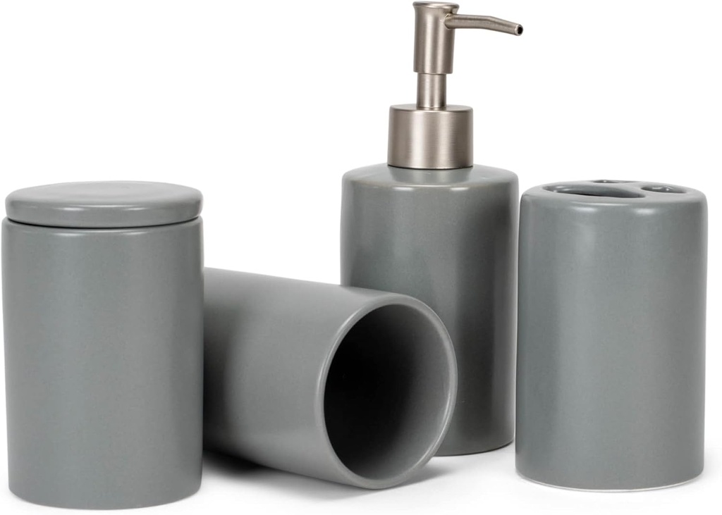 Modern Chic 4.5" Ceramic Bathroom Accessories Set of 4 in Matte Grey - Home Décor & Organization for Bath or Kitchen