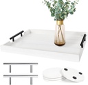 Large Ottoman Tray Set with Handles - Wooden Coffee Table Tray and Coasters - White Wood Serving Tray for Living Room