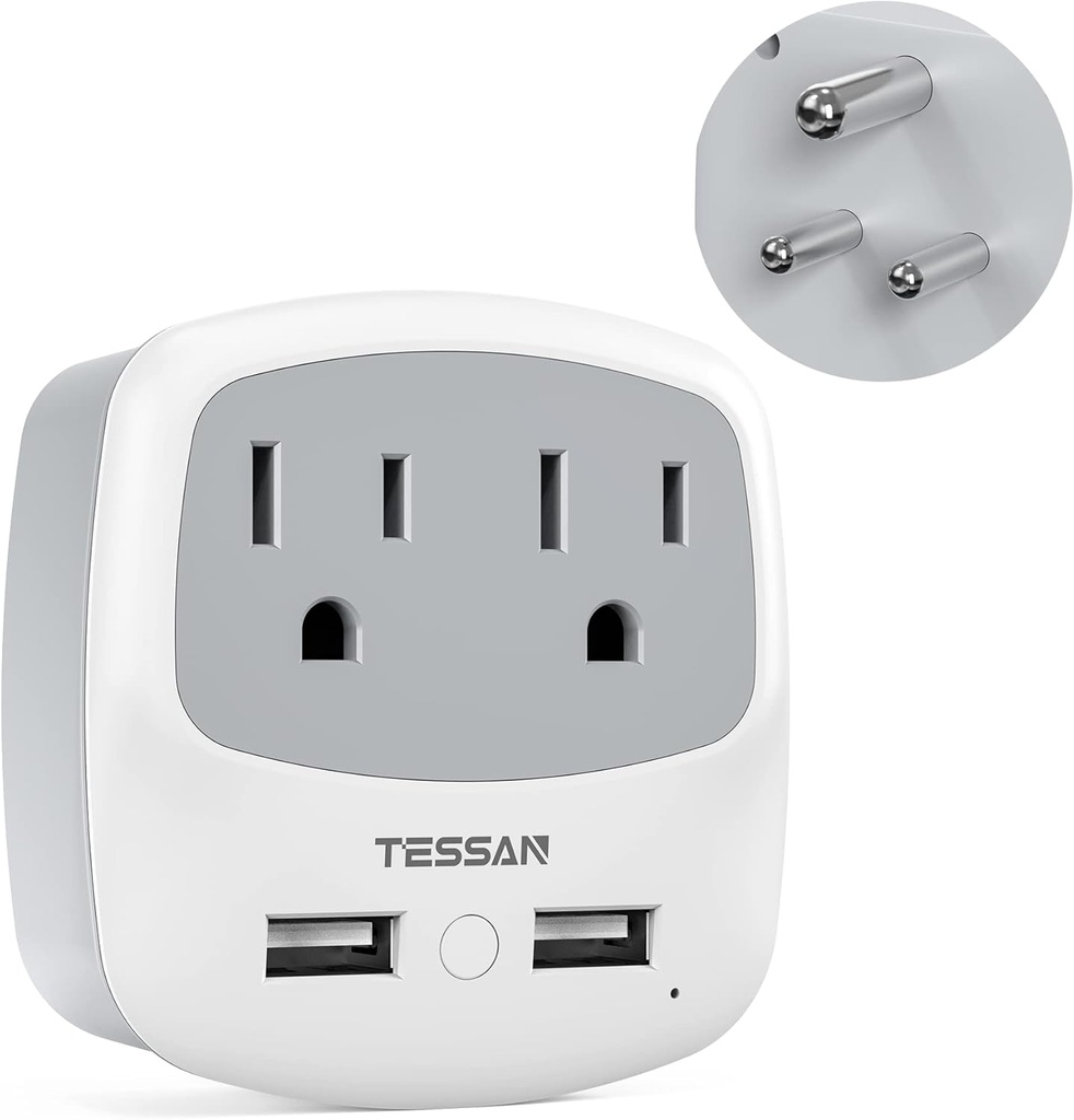 TESSAN US to India Plug Adapter with USB Charger Ports and American Outlets for Travel in South Asia