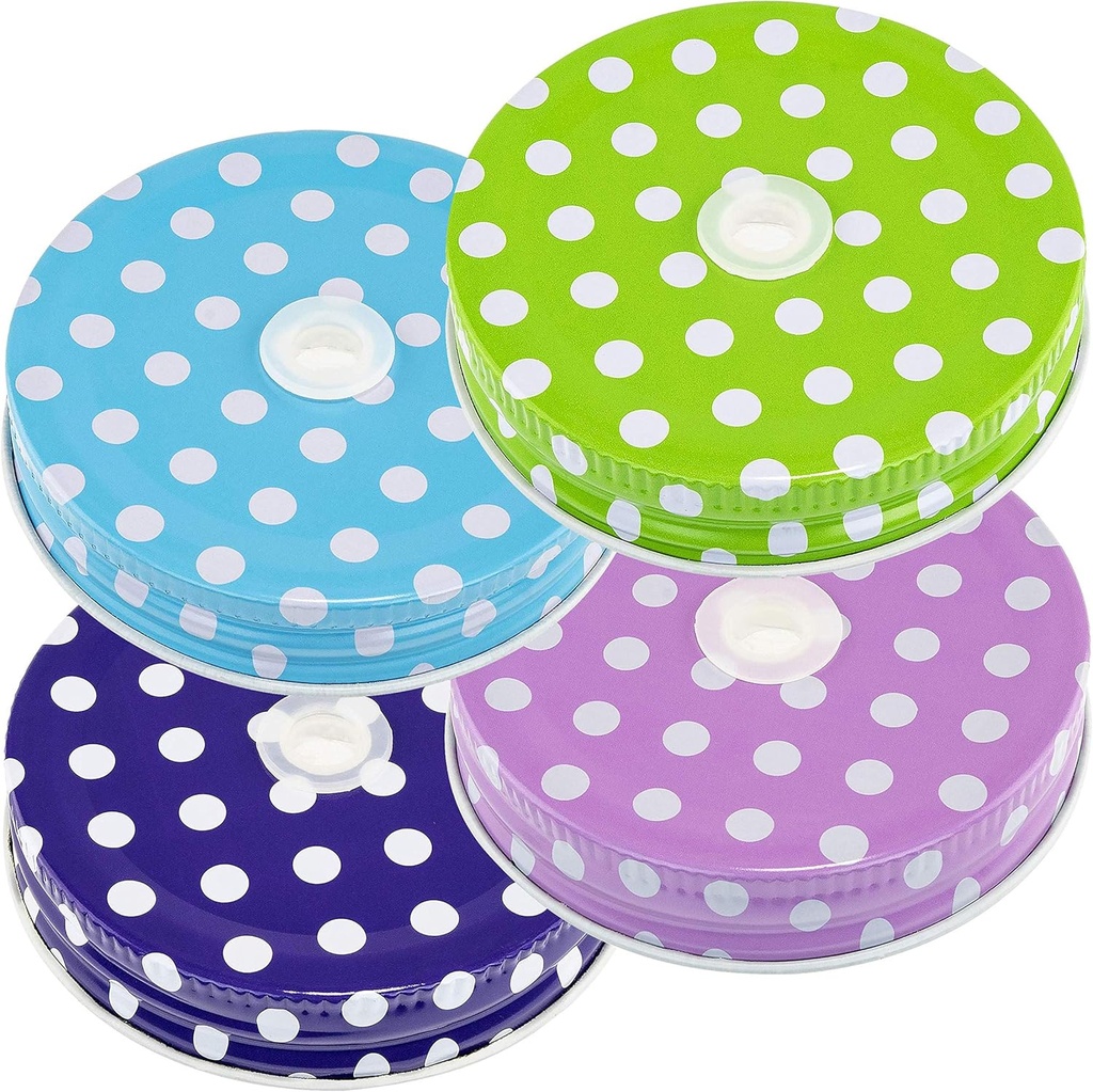 Set of 4 Colorful Polka Dot Mason Jar Lids with Straw Holes for Kids - Fun and Practical Small Jar Accessories by Southern Homewares