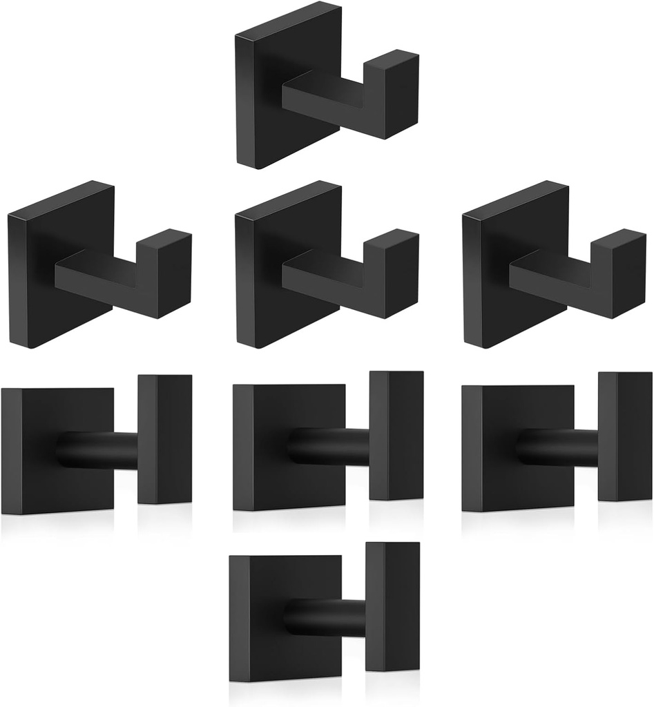 8-Piece Black Bathroom Towel Hook Set - 4 Square Hooks, 4 Round Hooks