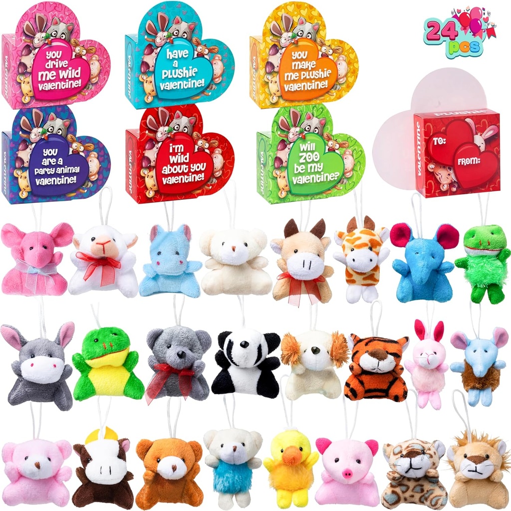 Valentine's Day Animal Plush Toy Party Favors Pack with Heart Boxes - 24 Keychain Fidget Toys for Kids, Classroom Gift Exchange & Prizes