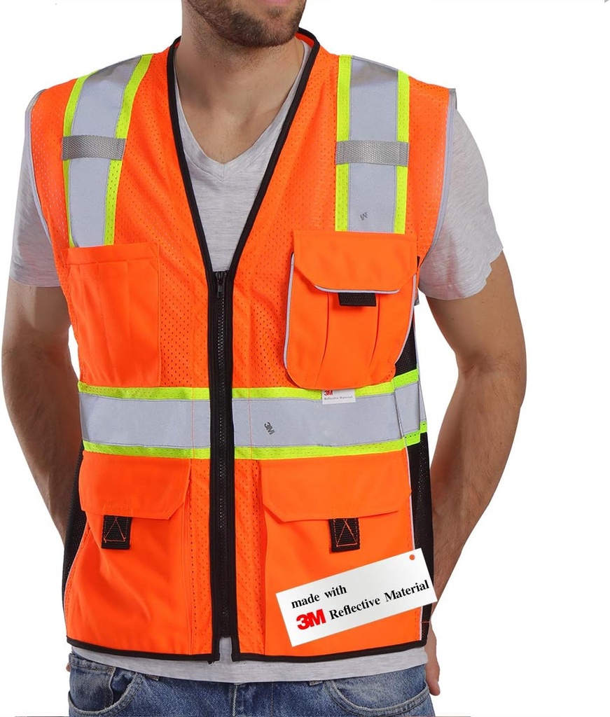 Orange Mesh Safety Vest with Pockets, Zipper, and 3M Reflective Tape for High Visibility