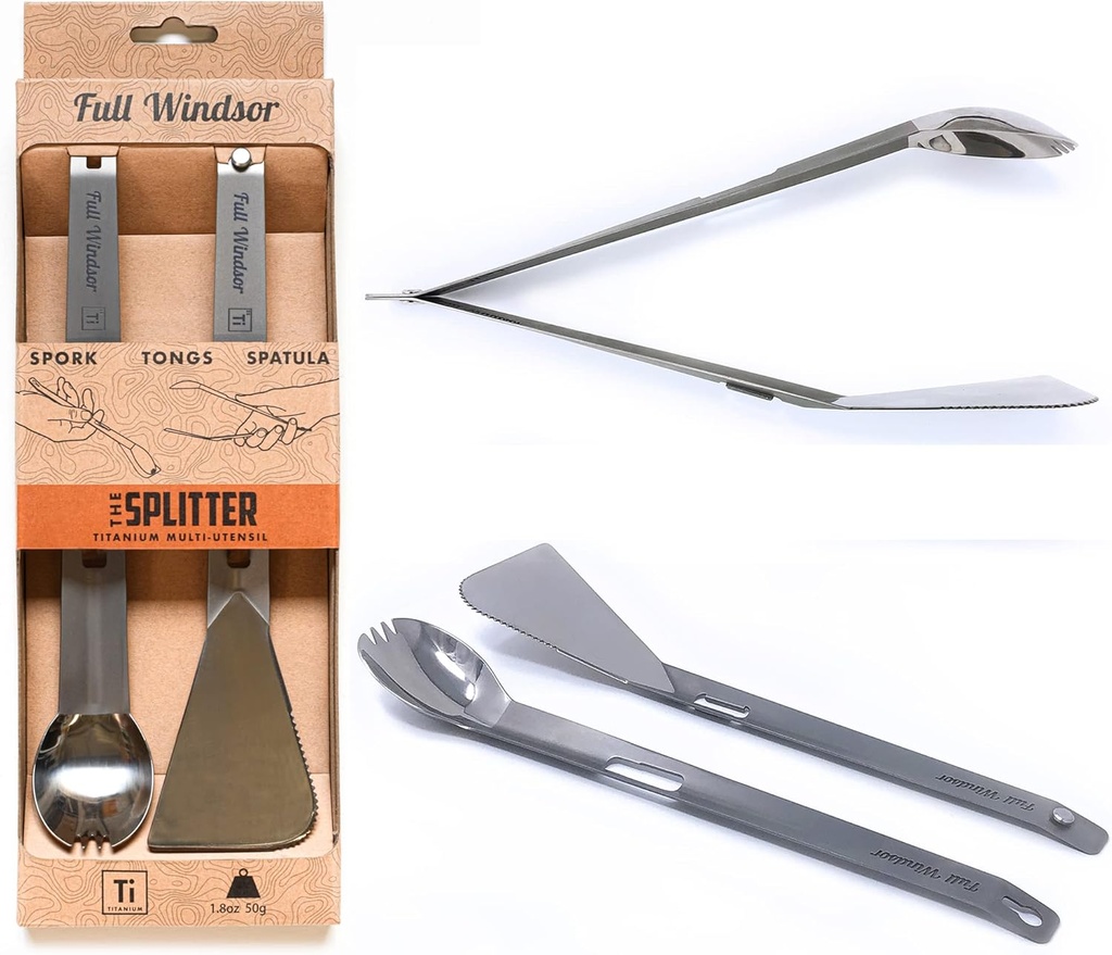 Full Windsor Splitter Titanium Utensil Set - Lightweight Portable Tongs, Spork, and Spatula for Camping and Outdoor Cooking