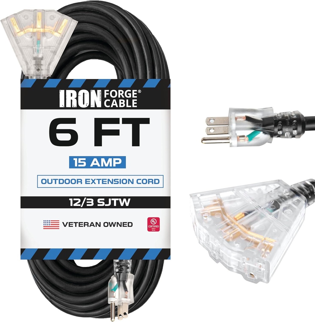 6 ft 12 Gauge Extension Cord with 3 Power Outlets, Heavy Duty Outdoor Electrical Cable for Major Appliances - 15 Amp, 3 Prong