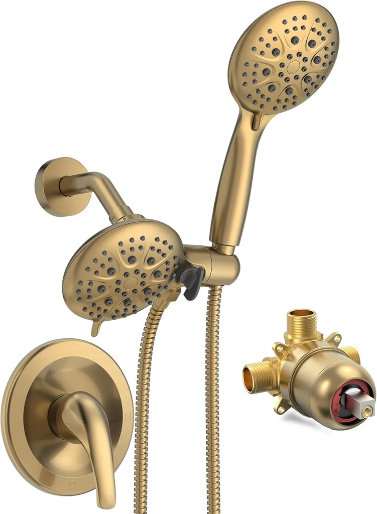 3-in-1 High Pressure Shower Faucet Set with Handheld Shower, 71” Hose, Valve, and Trim Kit - Brushed Gold
