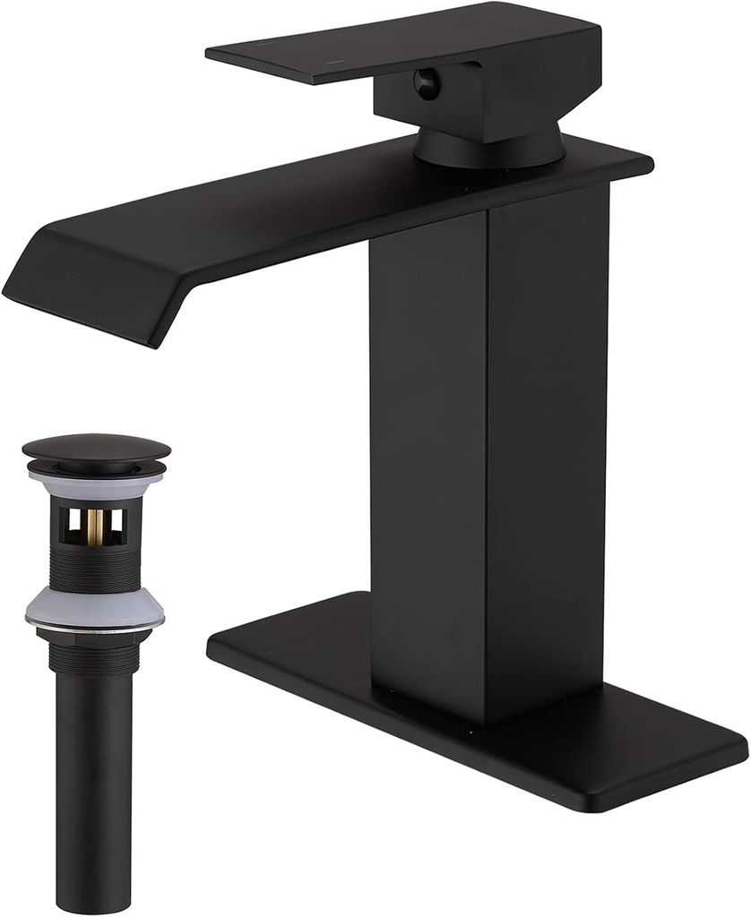 Modern Matte Black Bathroom Sink Faucet with Waterfall Spout, Single Handle, Single Hole Design - Includes Supply Line, Deck Plate, and Drain
