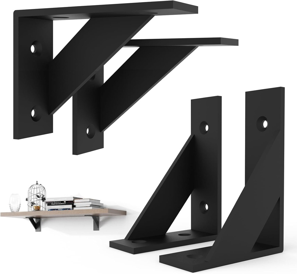 4Pack SOGAL 3x4 Inch Black Shelf Brackets - Small Heavy Duty L Brackets for Shelves