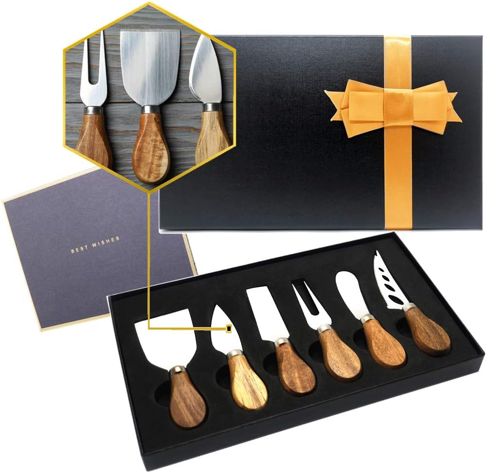Premium 6-Piece Cheese Knife Set with Acacia Wood Handle - Stainless Steel Knives for Charcuterie Boards - Perfect Gift