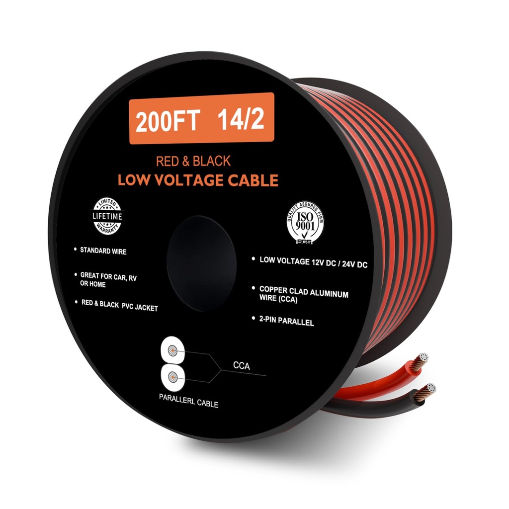 200FT 14 Gauge Speaker Wire 2 Conductors - Red/Black Copper Clad Aluminum Automotive LED Light 12V/24V DC Cable