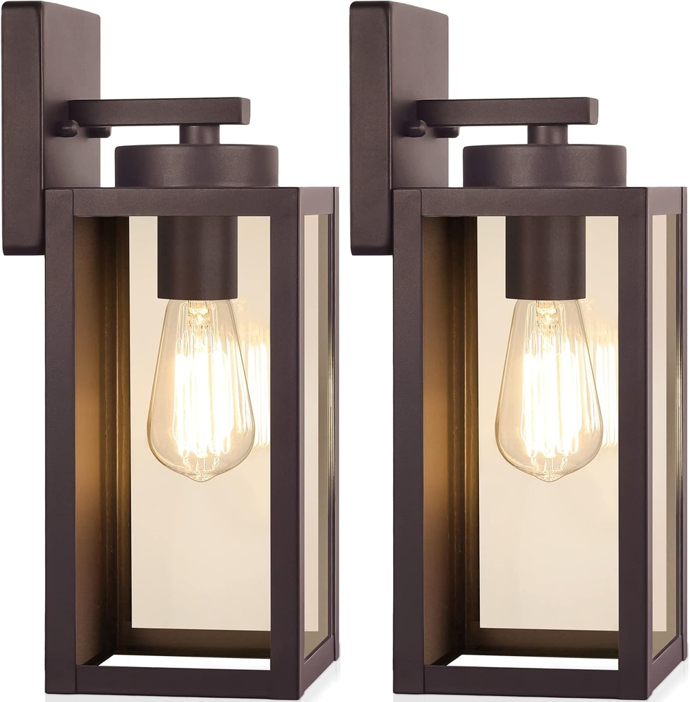 Brown Outdoor Wall Lanterns with Glass Shades, Waterproof Porch Sconces, Modern Wall Lamps for Patio & Entryway - 2-Pack