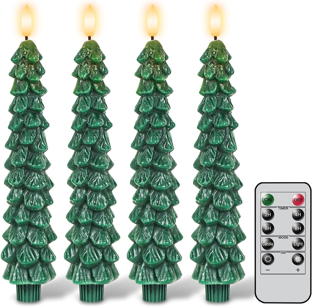 GenSwin Christmas Tree Flameless Taper Candles with Remote Timer - Set of 4 Green LED Candlesticks, 3D Flame Effect - 0.78" x 9.8" - Christmas Home Decoration