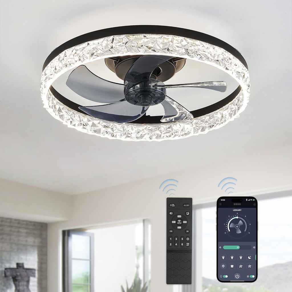 Black LEDIARY 20" Flush Mount Ceiling Fan with Lights, Remote Control, Dimmable, Stepless Color Temperature, 6 Speeds