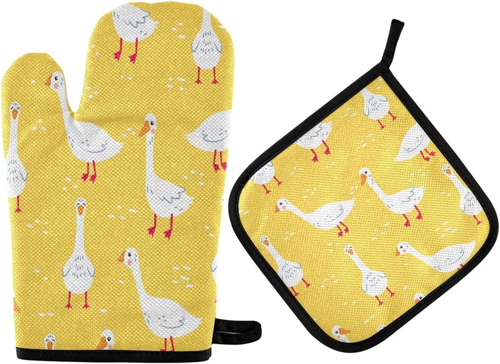 Cute Geese Oven Mitts and Pot Holders Set - Heat Resistant Kitchen Gloves for Cooking and BBQ