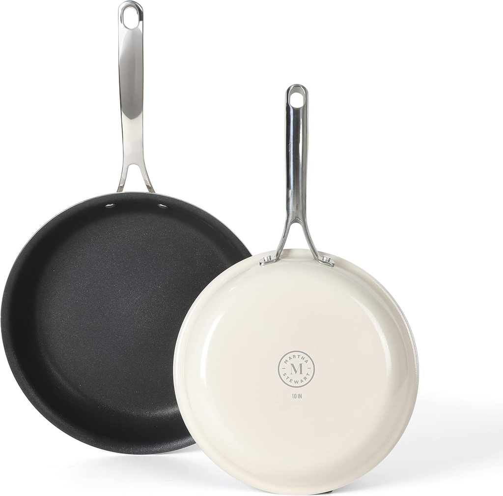 Martha Stewart Lockton 2-Piece Premium Nonstick Fry Pan Set - Heavy Gauge Aluminum, 10" & 12" - Linen Color