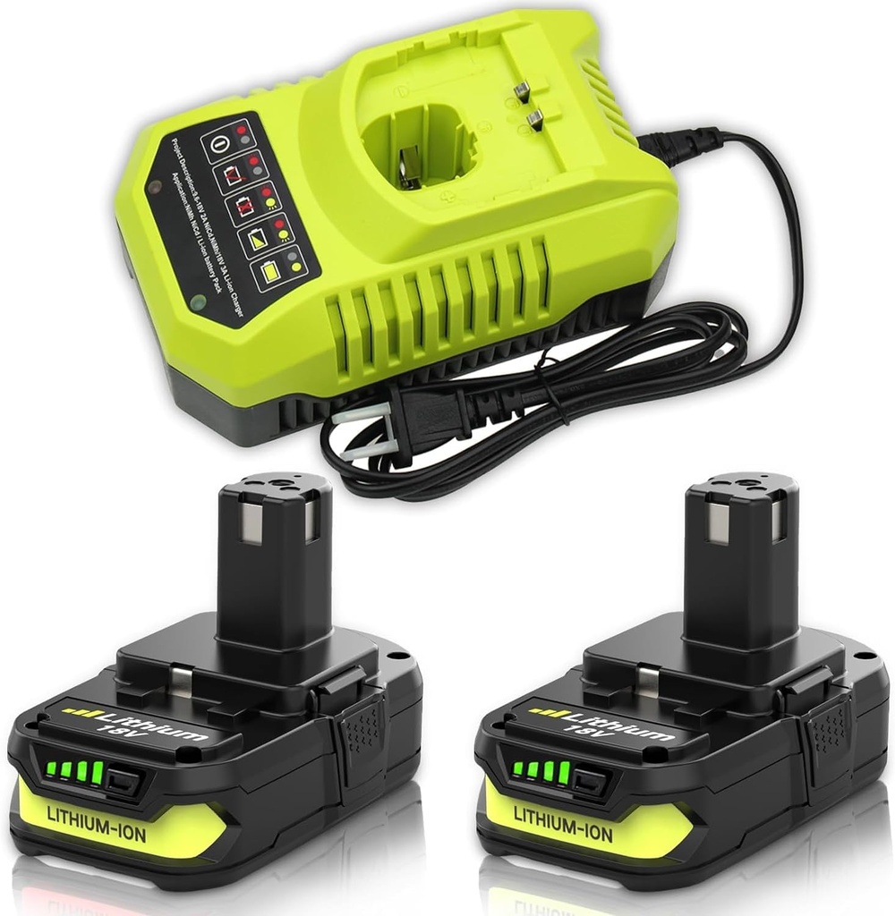 2-Pack TOPBATT 3.0Ah Replacement Battery and Charger Combo for Ryobi 18V Tools - Compatible with P108 P102 P103 P104 P105 P107 P109 P190 P191 P122