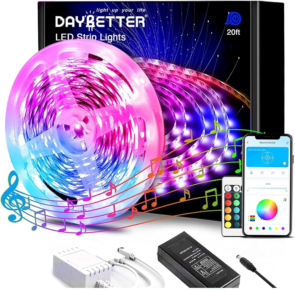 20ft Daybetter LED Strip Lights - 5050 RGB Color Changing Lights for Bedroom Party Decor