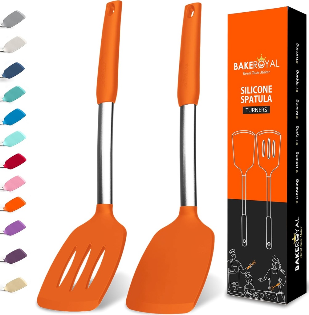 BAKEROYAL Silicone Spatula Set - Heat Resistant Turner Spatulas for Cooking Fish, Eggs, Pancakes Flipper - Orange Silicone Cooking Utensils Set