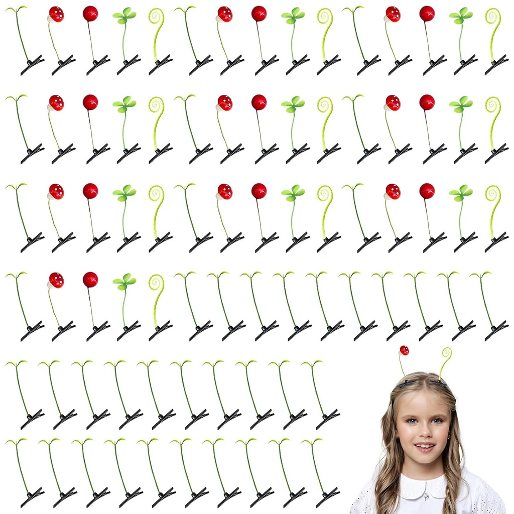 80-Piece Bean Sprout Hair Clips Set with Cute Plant Designs - Futaba, Clover, Curly Grass Hairpins - Mushroom, Ball Features - Ideal Hair Accessories for Girls, Kids, Party