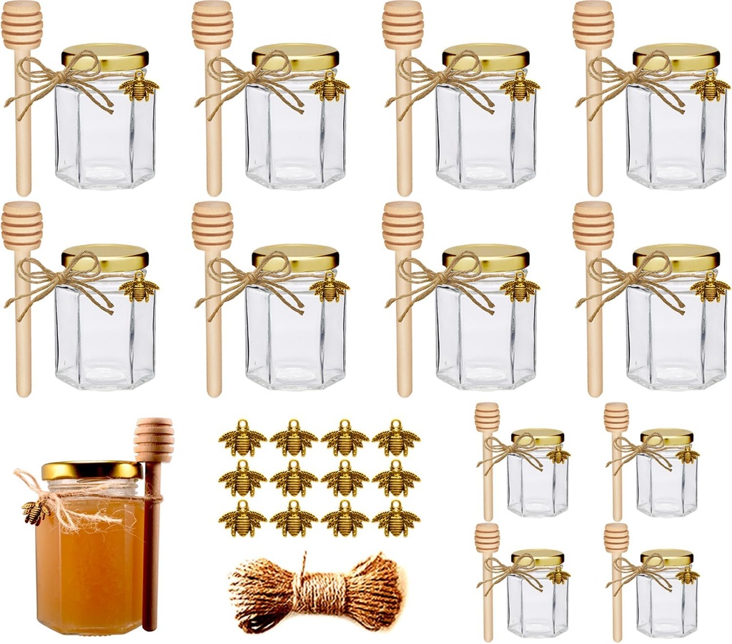 4oz Hexagonal Glass Honey Jars Set with Gold Lids, Wooden Dippers, Bee Charms, and Jutes - Perfect for Baby Showers, Weddings, and Parties - Set of 12 Honey Jars