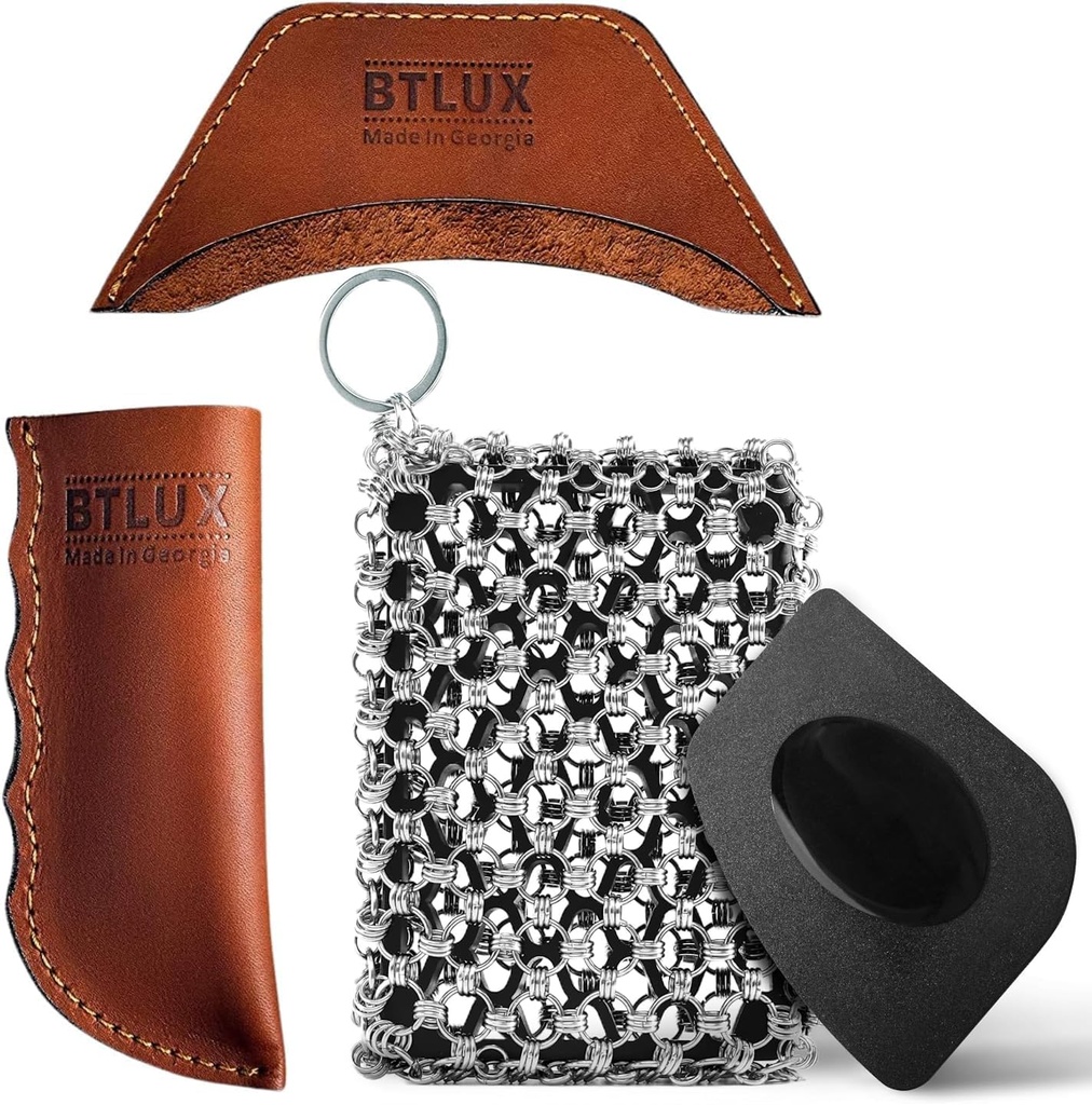 BTLUX Cast Iron Care Bundle: Stainless Steel Chainmail Scrubber & Leather Handle Cover Set - Made in Georgia - Ideal for Pans