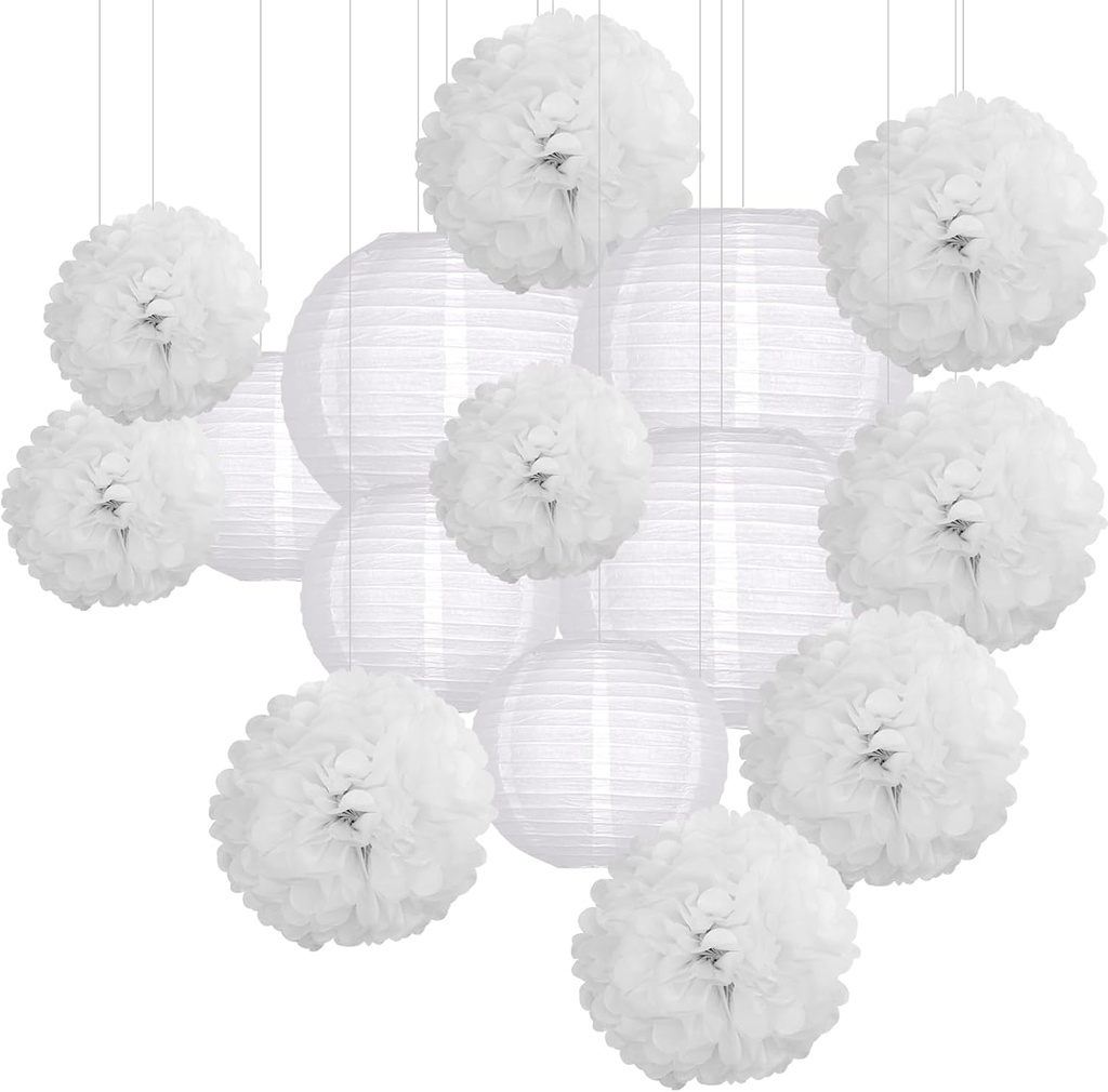 15 Piece White Paper Flowers Pom Poms and Lanterns Set for Wedding and Events
