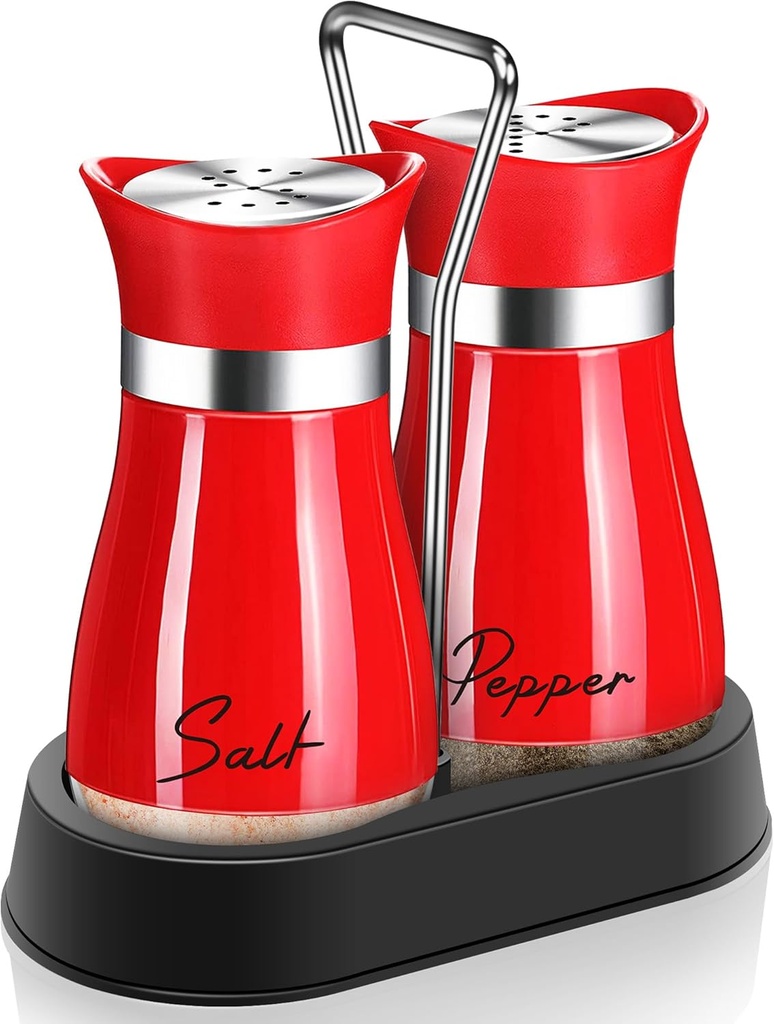 Arrozon Red Salt and Pepper Shakers Set with Holder - 4 oz, Cute Christmas Kitchen Decor, Refillable Design - Home Essentials Housewarming Gifts