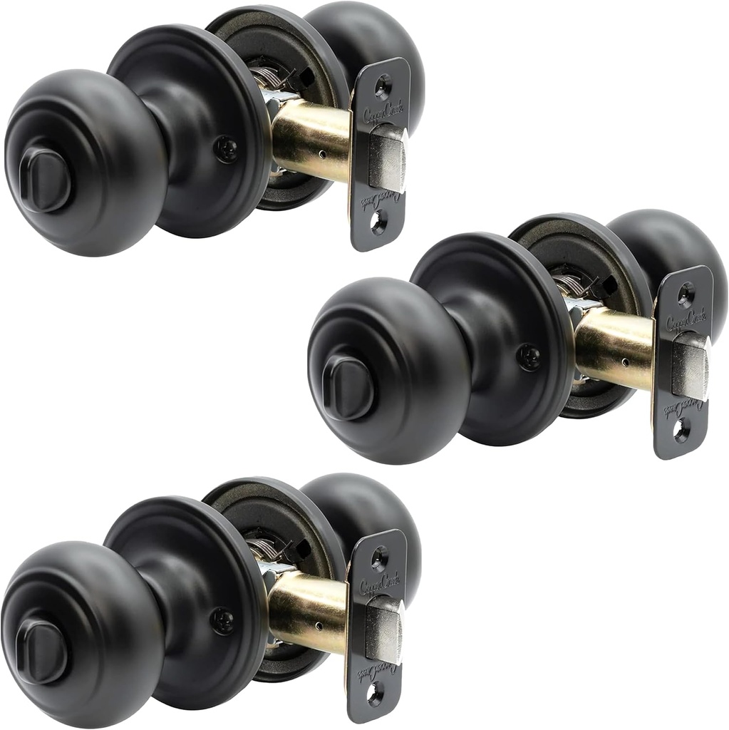 3-Pack Matte Black Round Colonial Door Knobs with Privacy Lock - Ideal for Bedroom and Bathroom Doors - Fits Standard Doors - Easy Home Improvement