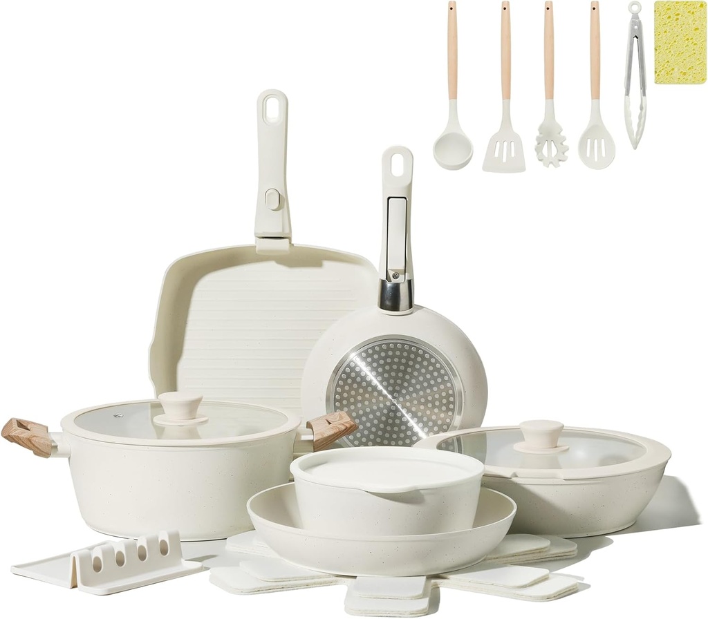 23-Piece Ceramic Nonstick Cookware Set with Detachable Handle for Induction Cooking, Oven Safe & Stackable
