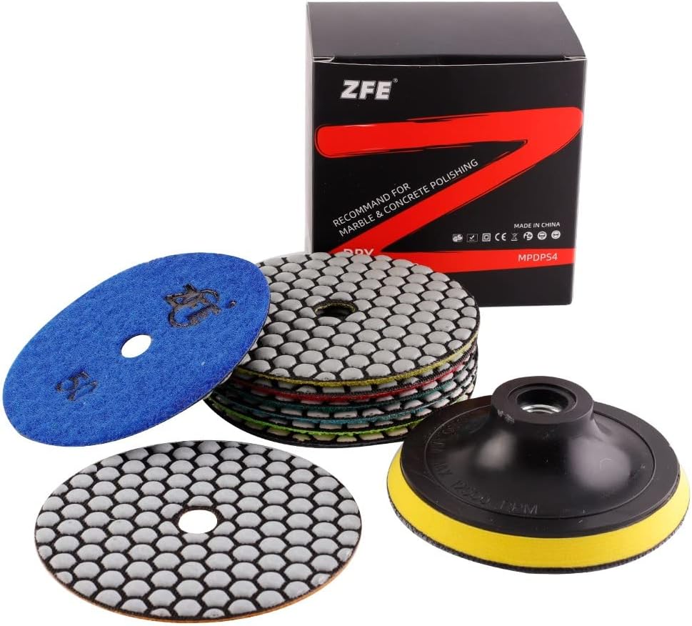 ZFE 9Pcs 4 Inch Diamond Polishing Pads Set for Granite Concrete Marble Countertop - Dry Polishing Pads with Backing Plate