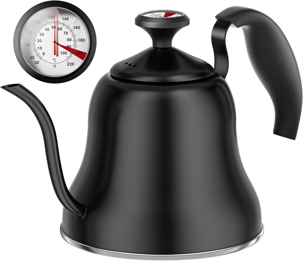 Matte Black Tea Kettle with Thermometer for Stovetop - 0.8 Liter Gooseneck Pot for Pour Over Coffee & Tea, Camping & Home