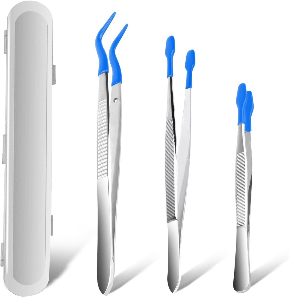 AngleKai 3PCS Blue Silicone Flat Tweezers Set - Non-Marring Rubber Tip Tweezers for Jewelry, Coins, Stamps