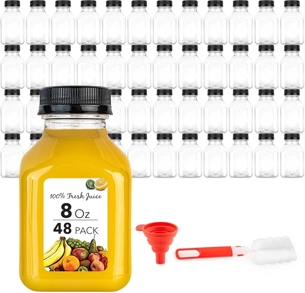 Stock Your Home 8 oz Reusable Plastic Juice Bottles with Caps - 48 Pack Drink Containers for Juicing - Mini Fridge, Juicer Shots, Small Water Bottles - Includes Labels, Brush, Funnel